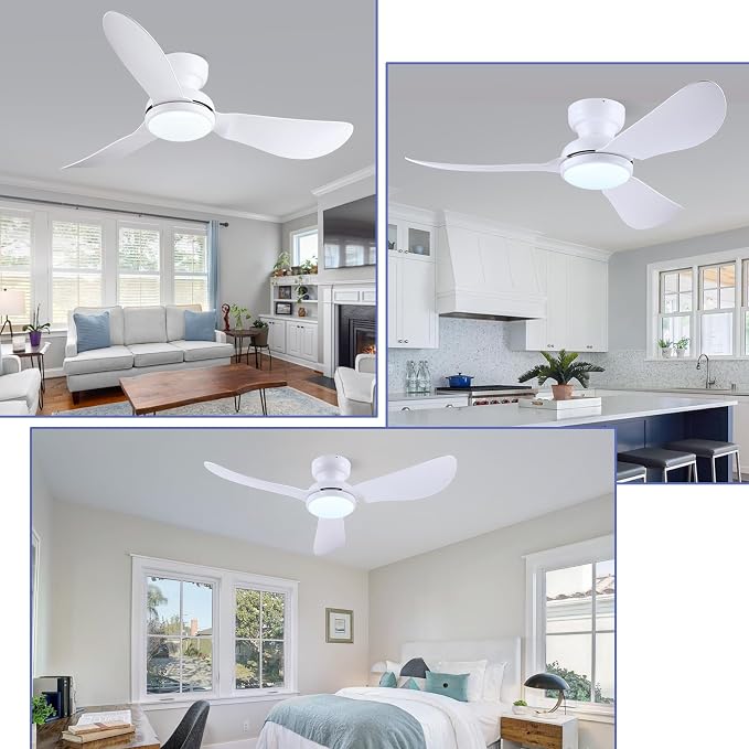 46 Inch Ceiling Fans with Lights, Flush Mount Ceiling Fan with Remote/APP Control, 3 Curved Blades, Reversible, 6 Speeds, 3