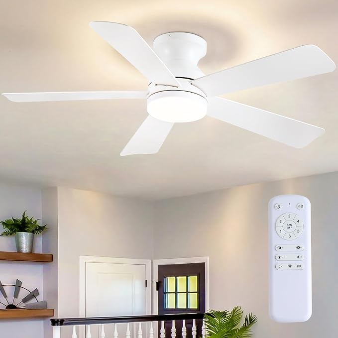46 inch Ceiling Fans with Lights, White Flush Mount Ceiling Fan with Remote, 3CCT, LED Dimmable, Reversible, 6 Fan Speeds