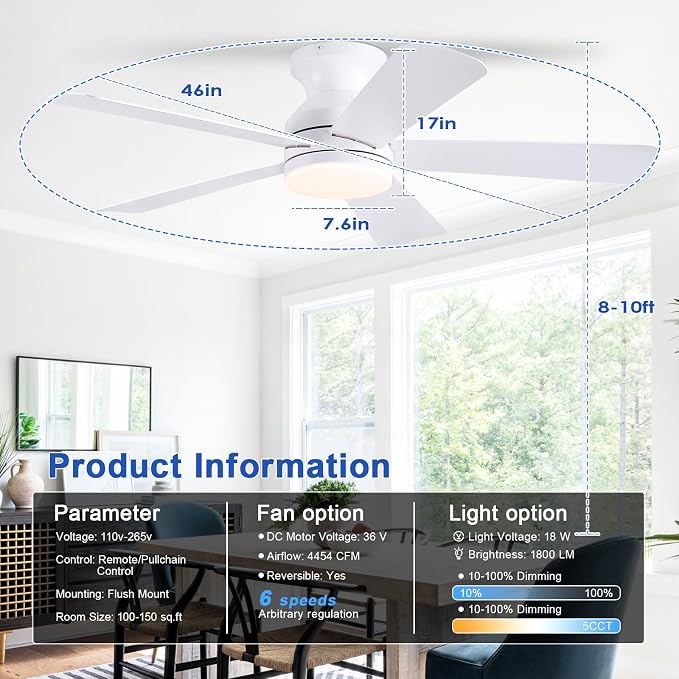 46 inch Ceiling Fans with Lights, White Flush Mount Ceiling Fan with Remote, 3CCT, LED Dimmable, Reversible, 6 Fan Speeds