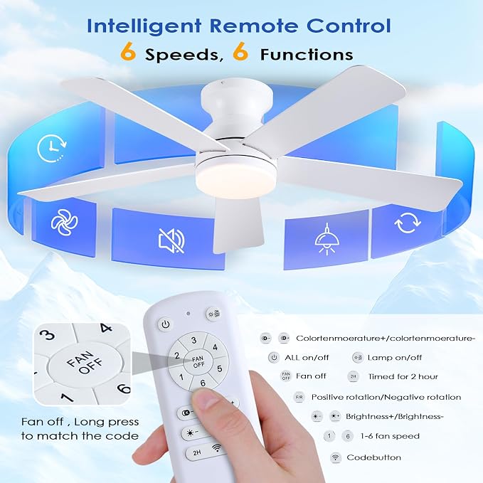 46 inch Ceiling Fans with Lights, White Flush Mount Ceiling Fan with Remote, 3CCT, LED Dimmable, Reversible, 6 Fan Speeds