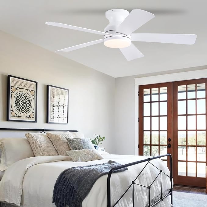 46 inch Ceiling Fans with Lights, White Flush Mount Ceiling Fan with Remote, 3CCT, LED Dimmable, Reversible, 6 Fan Speeds