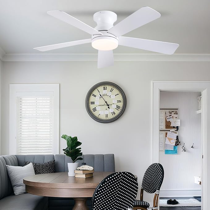 46 inch Ceiling Fans with Lights, White Flush Mount Ceiling Fan with Remote, 3CCT, LED Dimmable, Reversible, 6 Fan Speeds