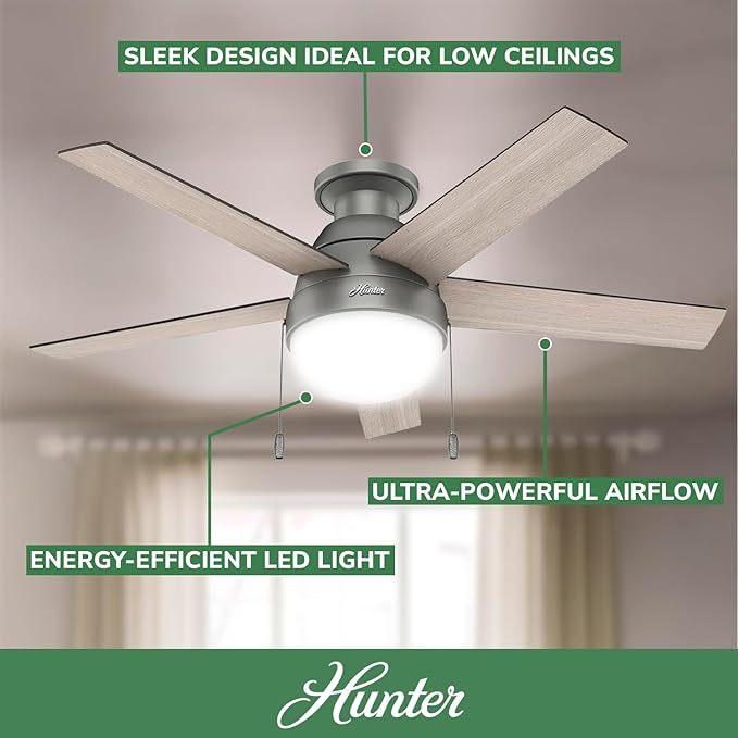 46 inch Indoor Ceiling Fan with LED Light - Ceiling Fan with Pull Chain, For Bedroom, Living Room, or Kitchen, Low Profile