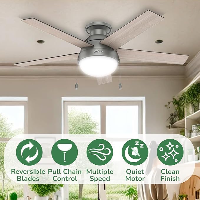 46 inch Indoor Ceiling Fan with LED Light - Ceiling Fan with Pull Chain, For Bedroom, Living Room, or Kitchen, Low Profile