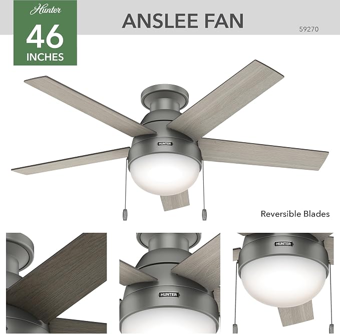 46 inch Indoor Ceiling Fan with LED Light - Ceiling Fan with Pull Chain, For Bedroom, Living Room, or Kitchen, Low Profile