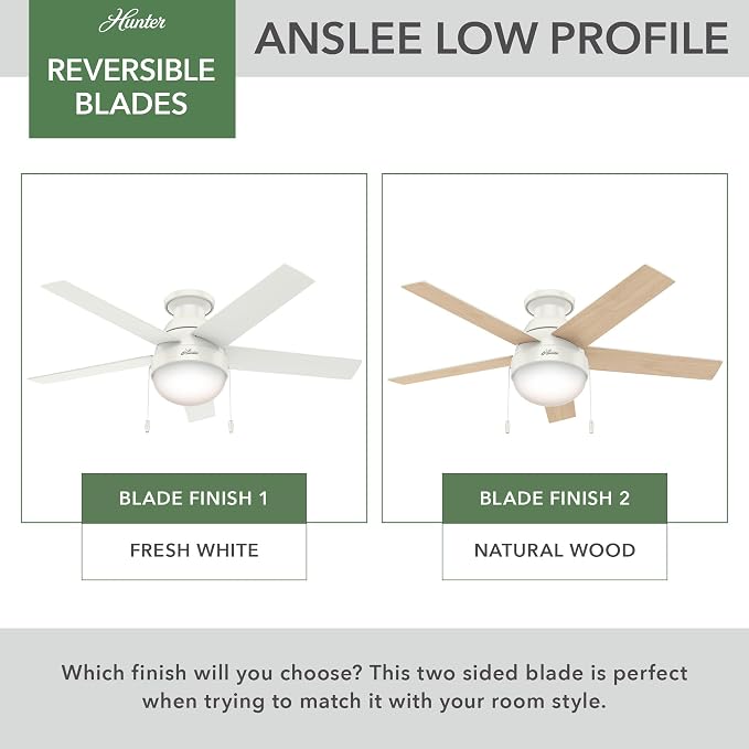 46 inch Indoor Ceiling Fan with LED Light - White Ceiling Fan with Pull Chain, For Bedroom, Living Room, or Kitchen, Low