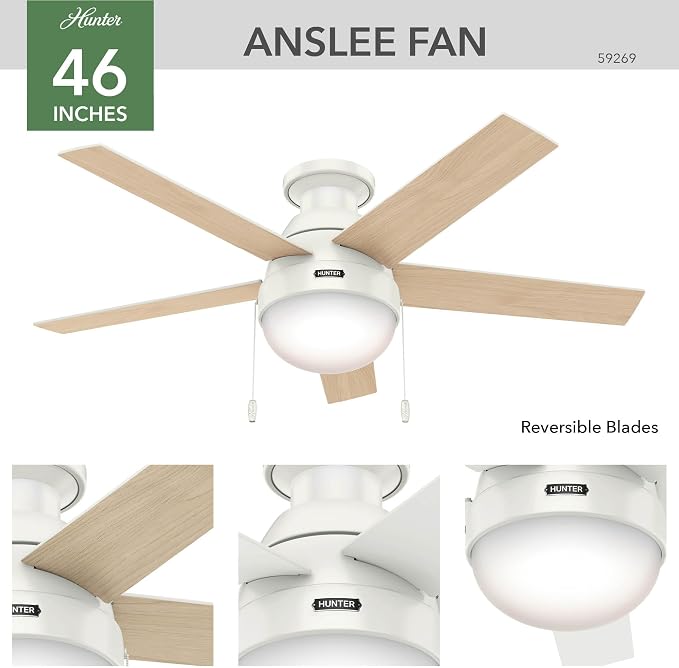 46 inch Indoor Ceiling Fan with LED Light - White Ceiling Fan with Pull Chain, For Bedroom, Living Room, or Kitchen, Low