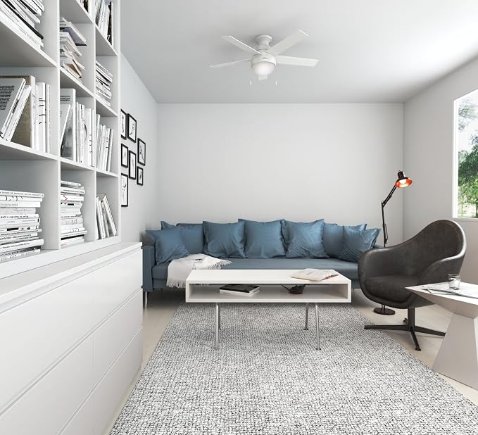 46 inch Indoor Ceiling Fan with LED Light - White Ceiling Fan with Pull Chain, For Bedroom, Living Room, or Kitchen, Low