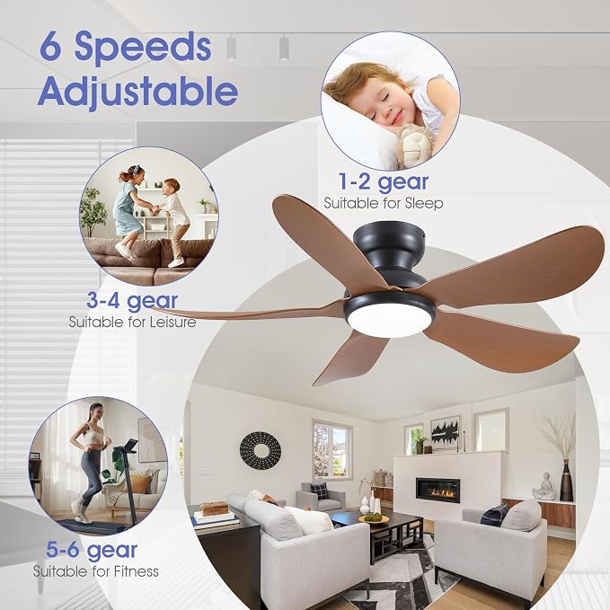 46 Inch Modern Ceiling Fans with Lights, Flush Mount Ceiling Fan, Remote/APP Control, 5 Reversible Curved Blades, 6 Speeds, 3
