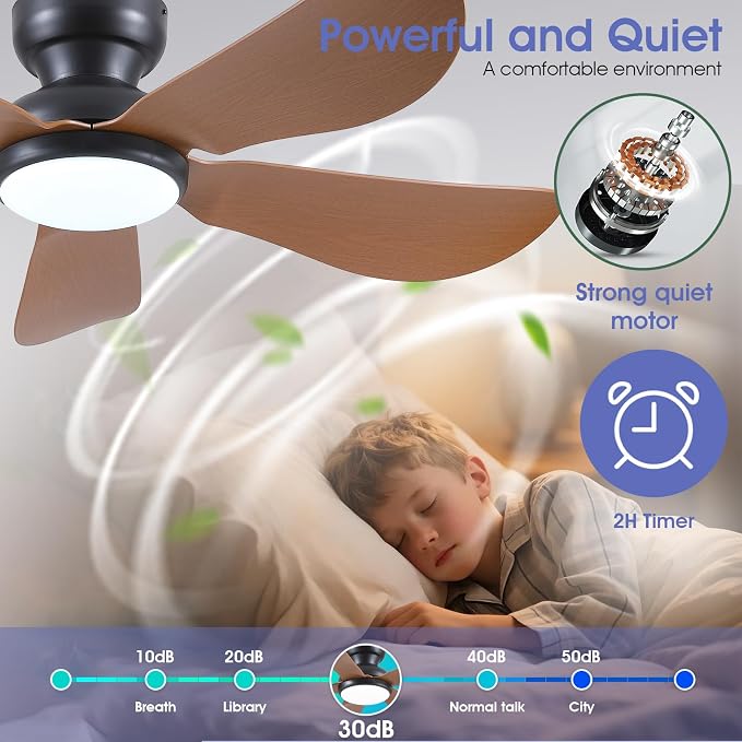 46 Inch Modern Ceiling Fans with Lights, Flush Mount Ceiling Fan, Remote/APP Control, 5 Reversible Curved Blades, 6 Speeds, 3