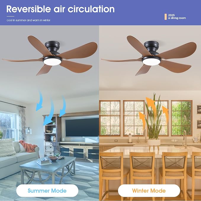 46 Inch Modern Ceiling Fans with Lights, Flush Mount Ceiling Fan, Remote/APP Control, 5 Reversible Curved Blades, 6 Speeds, 3