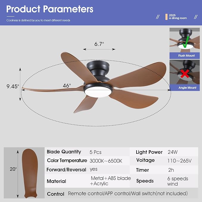 46 Inch Modern Ceiling Fans with Lights, Flush Mount Ceiling Fan, Remote/APP Control, 5 Reversible Curved Blades, 6 Speeds, 3