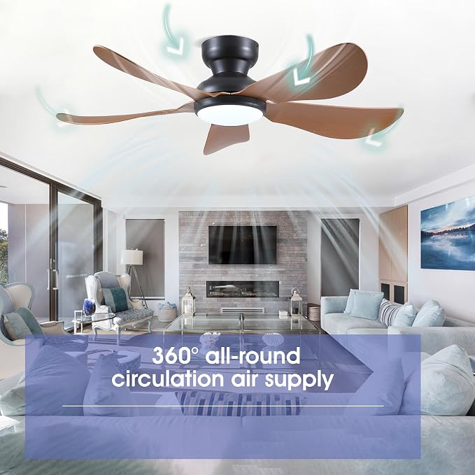 46 Inch Modern Ceiling Fans with Lights, Flush Mount Ceiling Fan, Remote/APP Control, 5 Reversible Curved Blades, 6 Speeds, 3