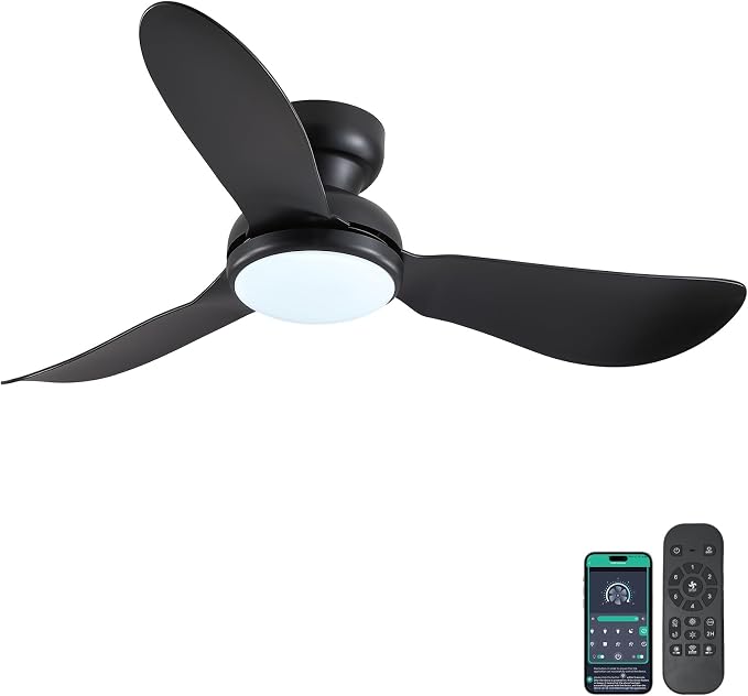 46 Inch Modern Ceiling Fans with Lights, Flush Mount Ceiling Fan with Remote/APP Control, 3 Curved Blades, 6 Speeds