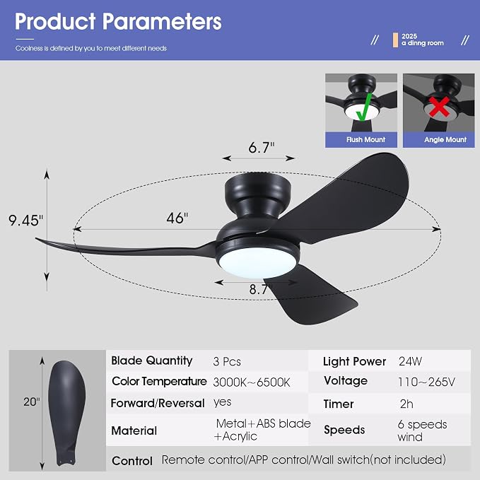 46 Inch Modern Ceiling Fans with Lights, Flush Mount Ceiling Fan with Remote/APP Control, 3 Curved Blades, 6 Speeds