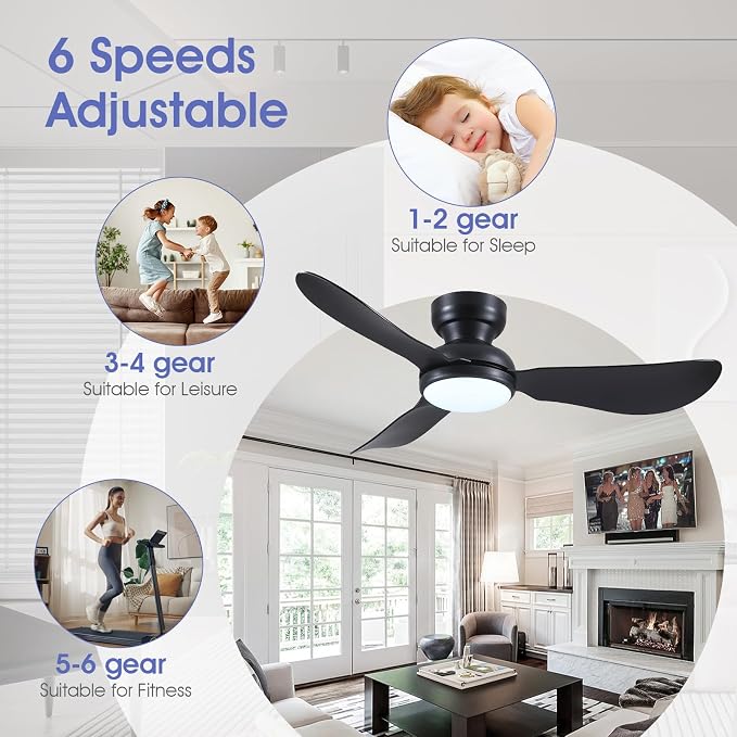 46 Inch Modern Ceiling Fans with Lights, Flush Mount Ceiling Fan with Remote/APP Control, 3 Curved Blades, 6 Speeds