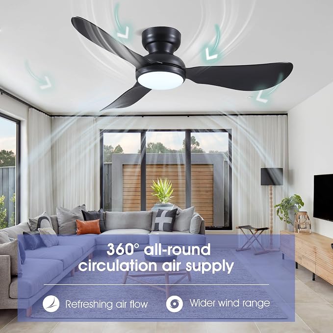 46 Inch Modern Ceiling Fans with Lights, Flush Mount Ceiling Fan with Remote/APP Control, 3 Curved Blades, 6 Speeds