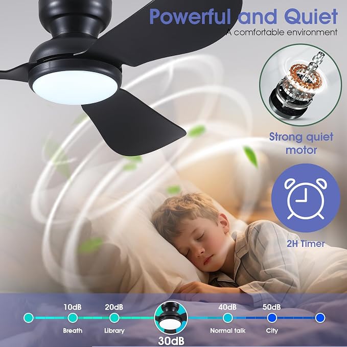 46 Inch Modern Ceiling Fans with Lights, Flush Mount Ceiling Fan with Remote/APP Control, 3 Curved Blades, 6 Speeds