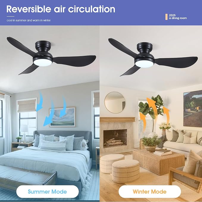 46 Inch Modern Ceiling Fans with Lights, Flush Mount Ceiling Fan with Remote/APP Control, 3 Curved Blades, 6 Speeds
