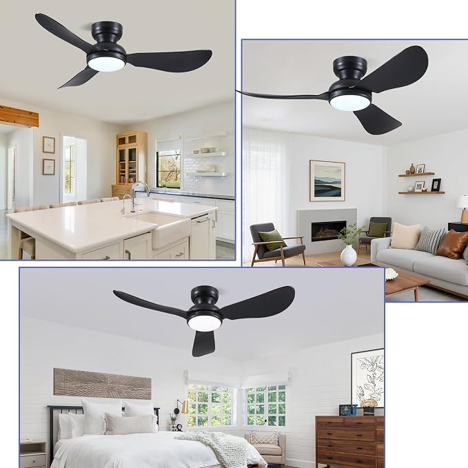 46 Inch Modern Ceiling Fans with Lights, Flush Mount Ceiling Fan with Remote/APP Control, 3 Curved Blades, 6 Speeds