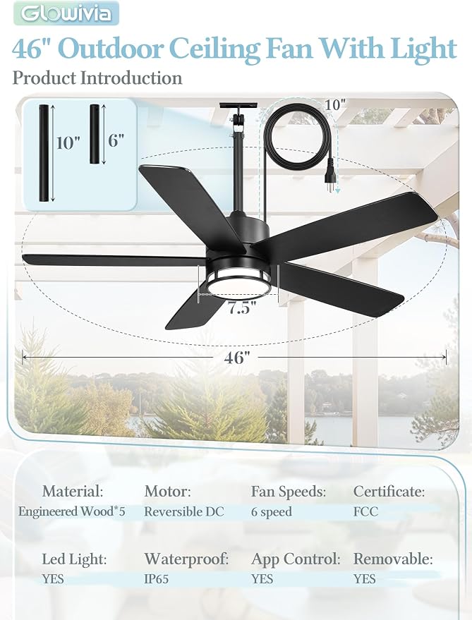 46 Inch Outdoor Ceiling Fan with Lights, IP65 Waterproof, Smart APP Remote Control, Dimmable 3CCT LED, 6-Speed Quiet DC