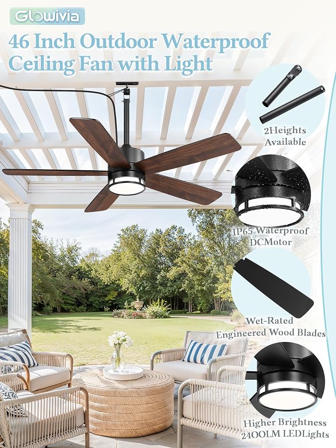 46 Inch Outdoor Ceiling Fan with Lights, IP65 Waterproof, Smart APP Remote Control, Dimmable 3CCT LED, 6-Speed Quiet DC