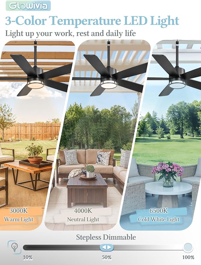 46 Inch Outdoor Ceiling Fan with Lights, IP65 Waterproof, Smart APP Remote Control, Dimmable 3CCT LED, 6-Speed Quiet DC