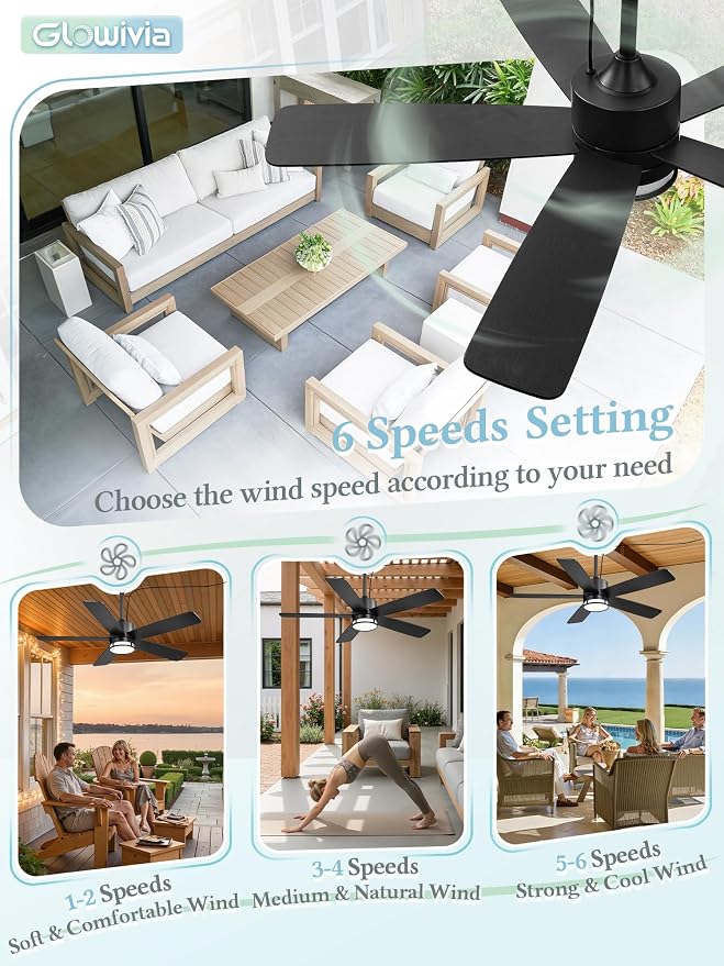 46 Inch Outdoor Ceiling Fan with Lights, IP65 Waterproof, Smart APP Remote Control, Dimmable 3CCT LED, 6-Speed Quiet DC