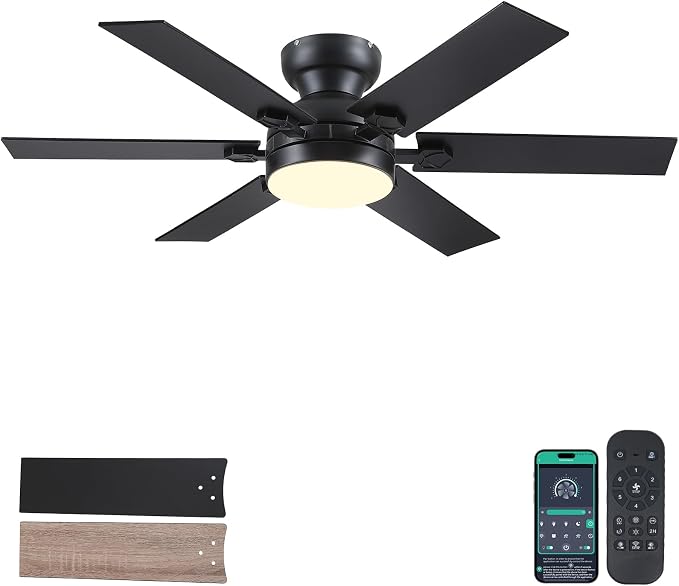 46" Low Profile Ceiling Fans with Lights and Remote,Black Indoor Ceiling Fans with Quiet Reversible DC Motor, Modern Flush