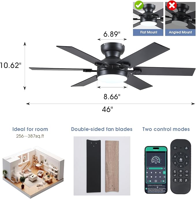 46" Low Profile Ceiling Fans with Lights and Remote,Black Indoor Ceiling Fans with Quiet Reversible DC Motor, Modern Flush