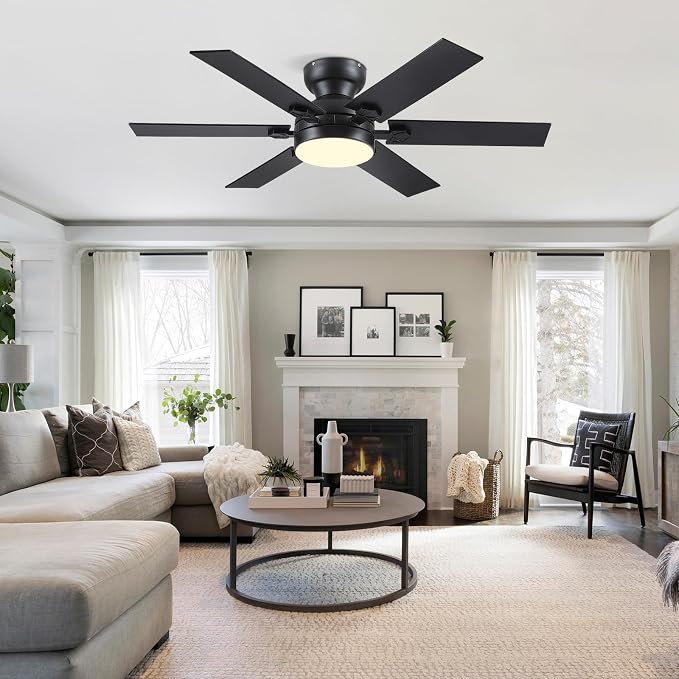 46" Low Profile Ceiling Fans with Lights and Remote,Black Indoor Ceiling Fans with Quiet Reversible DC Motor, Modern Flush