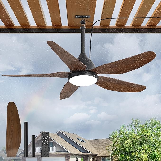 46" Outdoor Ceiling Fan with Lights, IP65 Waterproof Gazebo Fan with Remote Control 6-Speeds DC Motor, Brown Plug in Hanging
