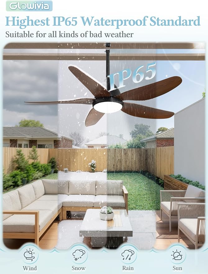 46" Outdoor Ceiling Fan with Lights, IP65 Waterproof Gazebo Fan with Remote Control 6-Speeds DC Motor, Brown Plug in Hanging