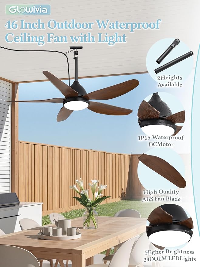 46" Outdoor Ceiling Fan with Lights, IP65 Waterproof Gazebo Fan with Remote Control 6-Speeds DC Motor, Brown Plug in Hanging