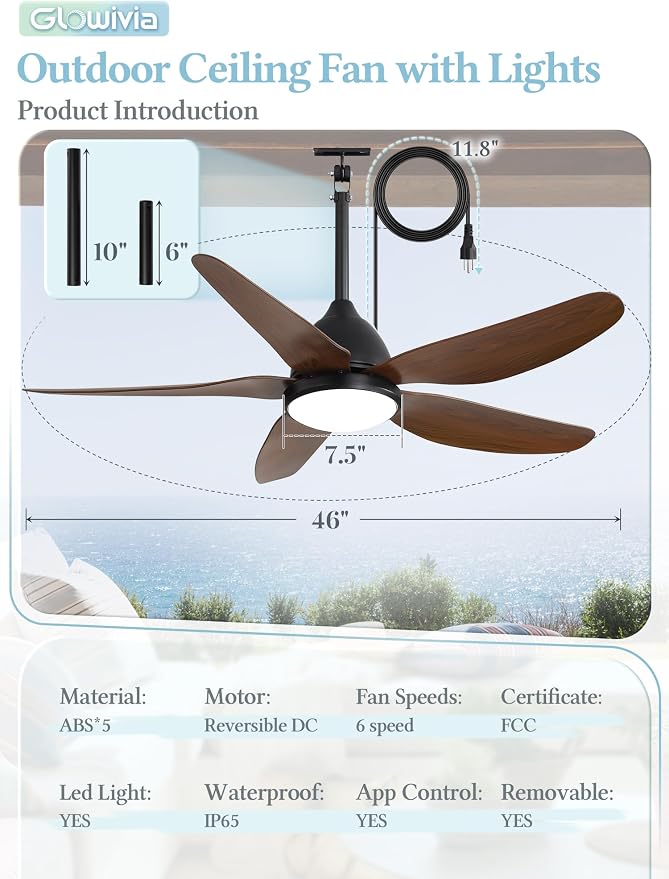 46" Outdoor Ceiling Fan with Lights, IP65 Waterproof Gazebo Fan with Remote Control 6-Speeds DC Motor, Brown Plug in Hanging