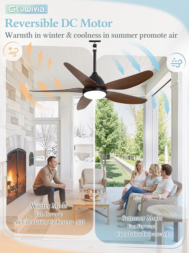 46" Outdoor Ceiling Fan with Lights, IP65 Waterproof Gazebo Fan with Remote Control 6-Speeds DC Motor, Brown Plug in Hanging