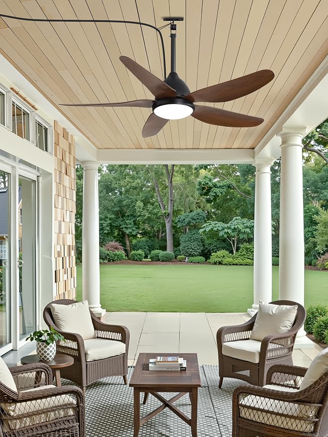 46" Outdoor Ceiling Fan with Lights, IP65 Waterproof Gazebo Fan with Remote Control 6-Speeds DC Motor, Brown Plug in Hanging