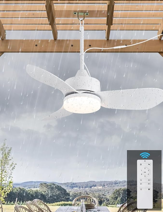 46" Plug In Outdoor Gazebo Ceiling Fan with Light and Hook, IP65 Waterproof Wet Rated Patio Ceiling Fans, White, product