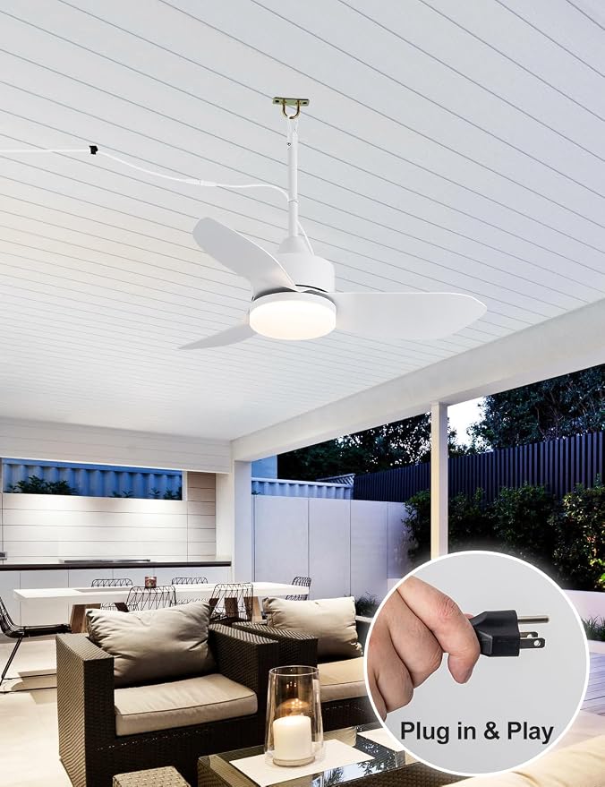 46" Plug In Outdoor Gazebo Ceiling Fan with Light and Hook, IP65 Waterproof Wet Rated Patio Ceiling Fans, White, alternate