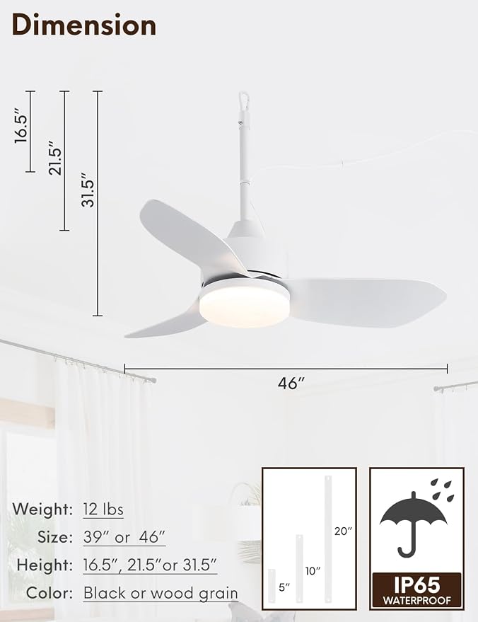 46" Plug In Outdoor Gazebo Ceiling Fan with Light and Hook, IP65 Waterproof Wet Rated Patio Ceiling Fans, White, alternate