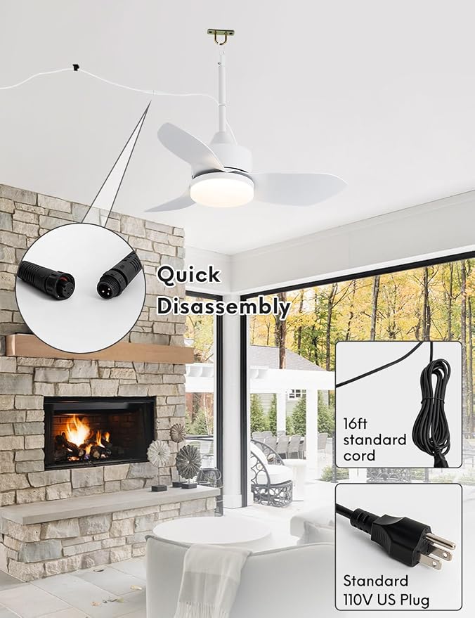 46" Plug In Outdoor Gazebo Ceiling Fan with Light and Hook, IP65 Waterproof Wet Rated Patio Ceiling Fans, White, alternate