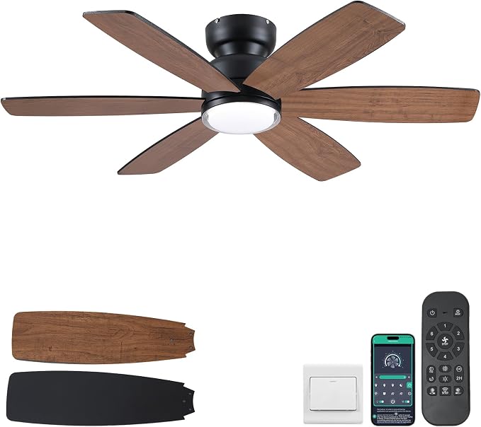 46" Rustic Ceiling Fans with Lights, Low Profile Flush Mount Ceiling Fan with Remote/APP Control, 6 Reversible Double-sided