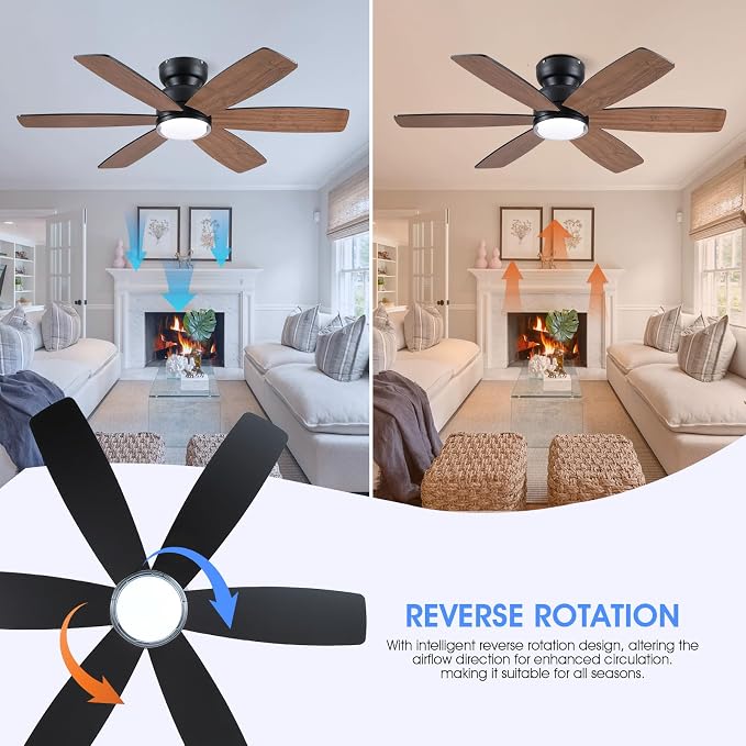 46" Rustic Ceiling Fans with Lights, Low Profile Flush Mount Ceiling Fan with Remote/APP Control, 6 Reversible Double-sided
