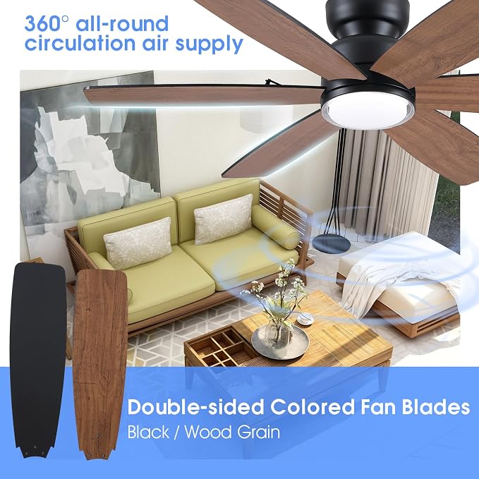 46" Rustic Ceiling Fans with Lights, Low Profile Flush Mount Ceiling Fan with Remote/APP Control, 6 Reversible Double-sided