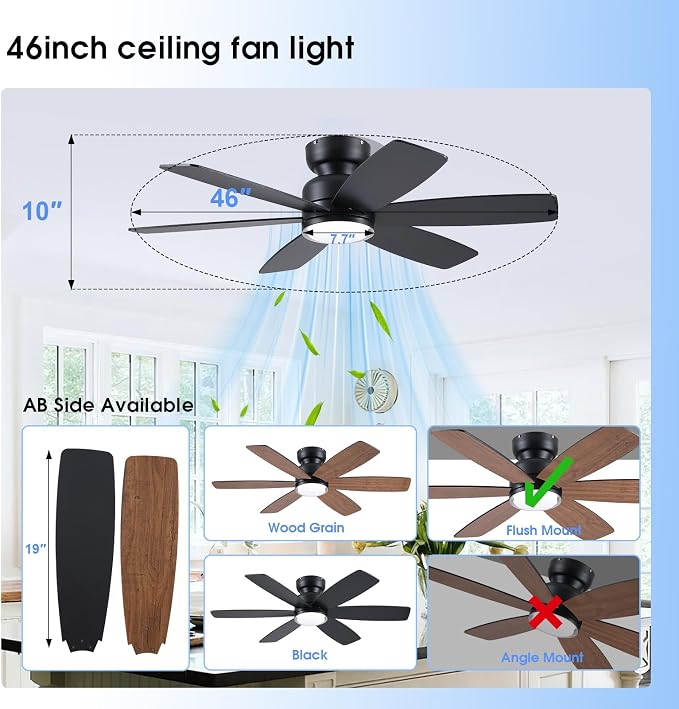 46" Rustic Ceiling Fans with Lights, Low Profile Flush Mount Ceiling Fan with Remote/APP Control, 6 Reversible Double-sided