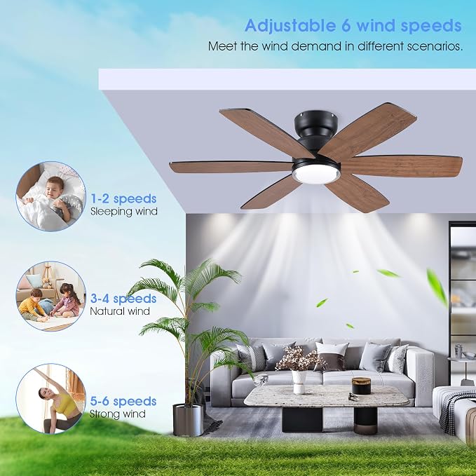 46" Rustic Ceiling Fans with Lights, Low Profile Flush Mount Ceiling Fan with Remote/APP Control, 6 Reversible Double-sided