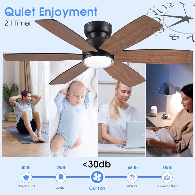 46" Rustic Ceiling Fans with Lights, Low Profile Flush Mount Ceiling Fan with Remote/APP Control, 6 Reversible Double-sided