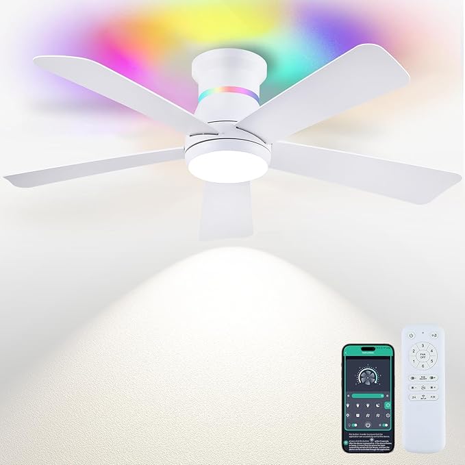 46" White Ceiling Fans with RGB Lights - Flush Mount Ceiling Fan Light with LED 3CCT Dimmable, Modern Low Profile Ceiling