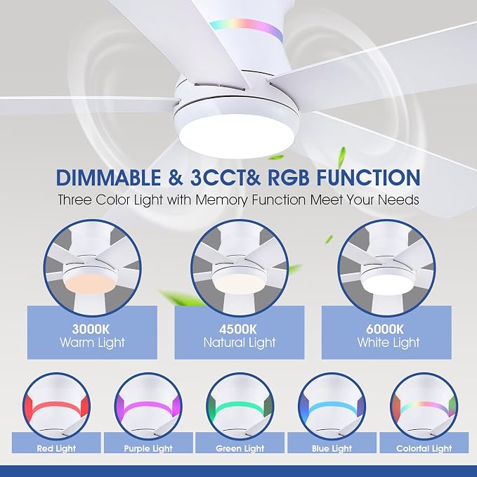 46" White Ceiling Fans with RGB Lights - Flush Mount Ceiling Fan Light with LED 3CCT Dimmable, Modern Low Profile Ceiling