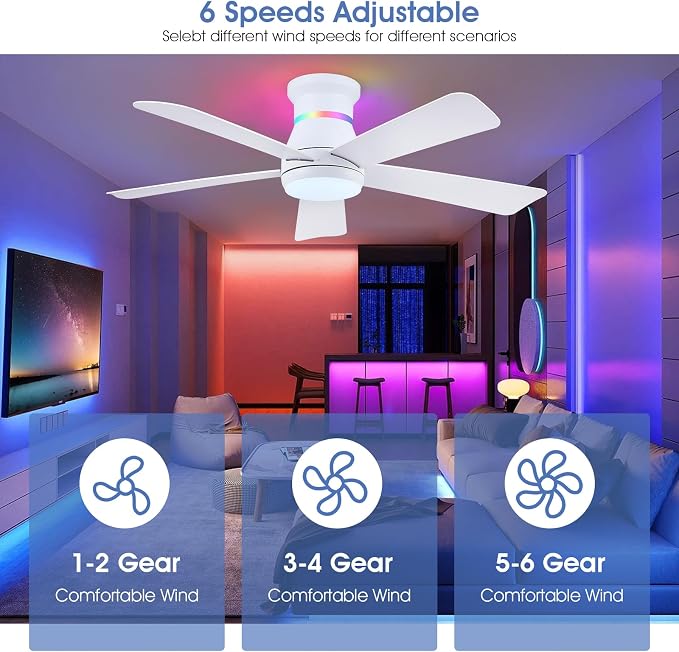 46" White Ceiling Fans with RGB Lights - Flush Mount Ceiling Fan Light with LED 3CCT Dimmable, Modern Low Profile Ceiling